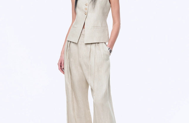 Gilet drapé 100 % lin et pantalon droit taille haute à double pli | Ensemble Old Money