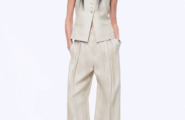 Gilet drapé 100 % lin et pantalon droit taille haute à double pli | Ensemble Old Money