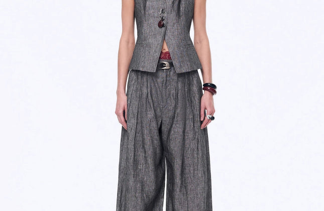 Gilet drapé 100 % lin et pantalon droit taille haute à double pli | Ensemble Old Money