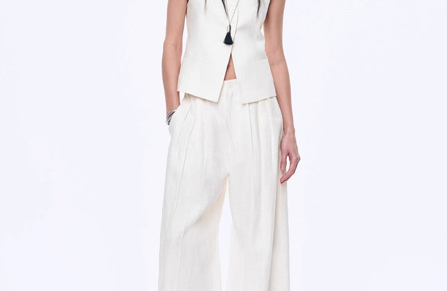 Gilet drapé 100 % lin et pantalon droit taille haute à double pli | Ensemble Old Money
