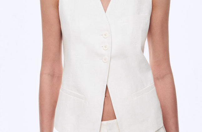 Gilet drapé 100 % lin et pantalon droit taille haute à double pli | Ensemble Old Money
