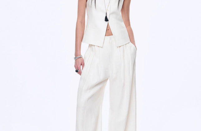 Gilet drapé 100 % lin et pantalon droit taille haute à double pli | Ensemble Old Money