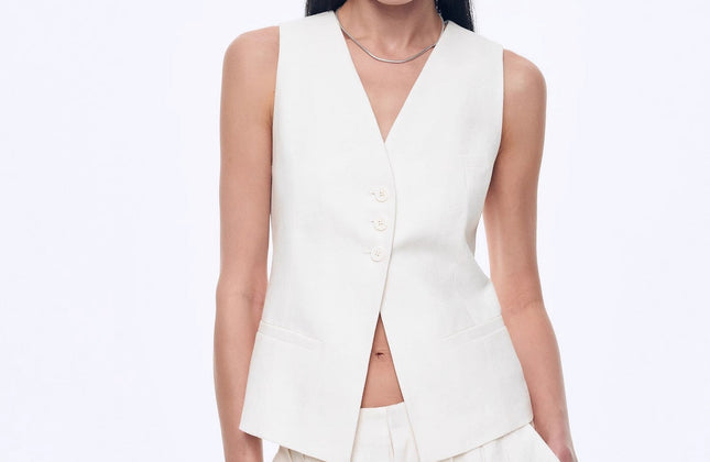 Gilet drapé 100 % lin et pantalon droit taille haute à double pli | Ensemble Old Money