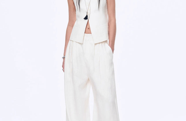 Gilet drapé 100 % lin et pantalon droit taille haute à double pli | Ensemble Old Money