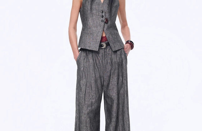 Gilet drapé 100 % lin et pantalon droit taille haute à double pli | Ensemble Old Money