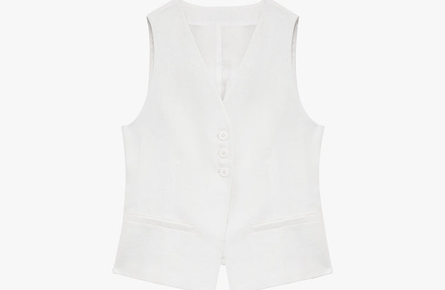 Gilet drapé 100 % lin et pantalon droit taille haute à double pli | Ensemble Old Money