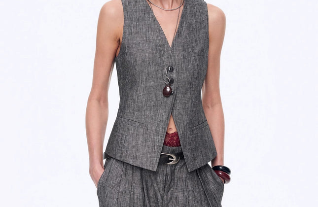 Gilet drapé 100 % lin et pantalon droit taille haute à double pli | Ensemble Old Money