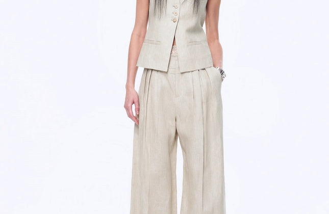 Gilet drapé 100 % lin et pantalon droit taille haute à double pli | Ensemble Old Money