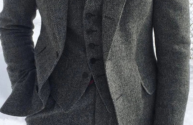 Gray Wool Tweed Winter Men Suit's for Wedding Formal Groom Tuxedo Herringbone - Constantin & Crys