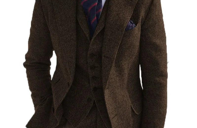 Gray Wool Tweed Winter Men Suit's for Wedding Formal Groom Tuxedo Herringbone - Constantin & Crys