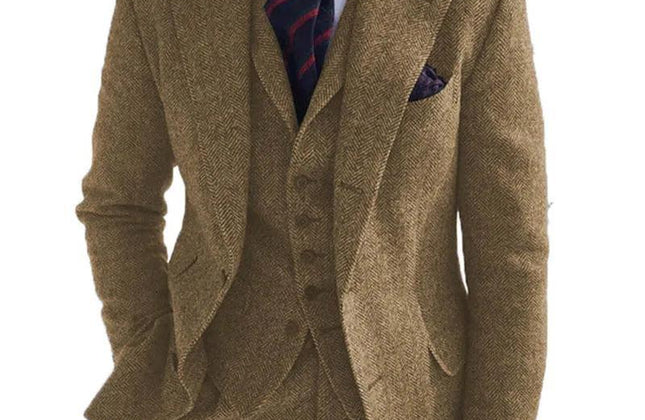 Gray Wool Tweed Winter Men Suit's for Wedding Formal Groom Tuxedo Herringbone - Constantin & Crys