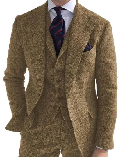 Gray Wool Tweed Winter Men Suit's for Wedding Formal Groom Tuxedo Herringbone - Constantin & Crys