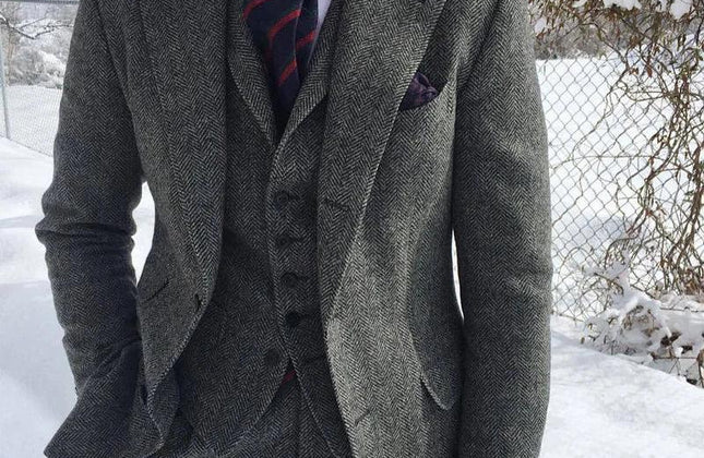 Gray Wool Tweed Winter Men Suit's for Wedding Formal Groom Tuxedo Herringbone - Constantin & Crys