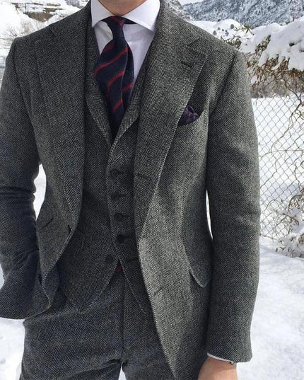 Gray Wool Tweed Winter Men Suit's for Wedding Formal Groom Tuxedo Herringbone - Constantin & Crys