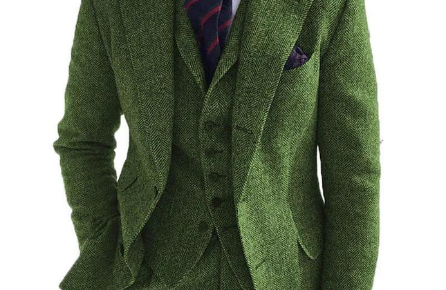 Gray Wool Tweed Winter Men Suit's for Wedding Formal Groom Tuxedo Herringbone - Constantin & Crys