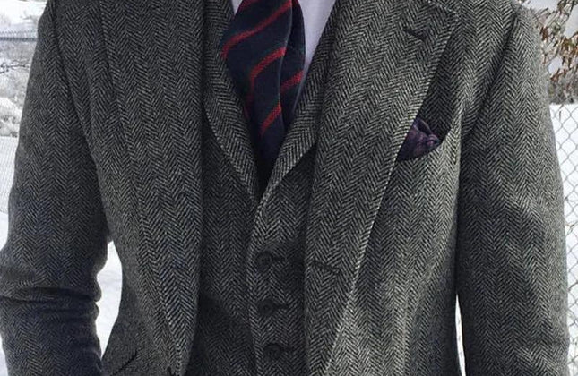 Gray Wool Tweed Winter Men Suit's for Wedding Formal Groom Tuxedo Herringbone - Constantin & Crys