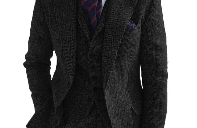 Gray Wool Tweed Winter Men Suit's for Wedding Formal Groom Tuxedo Herringbone - Constantin & Crys