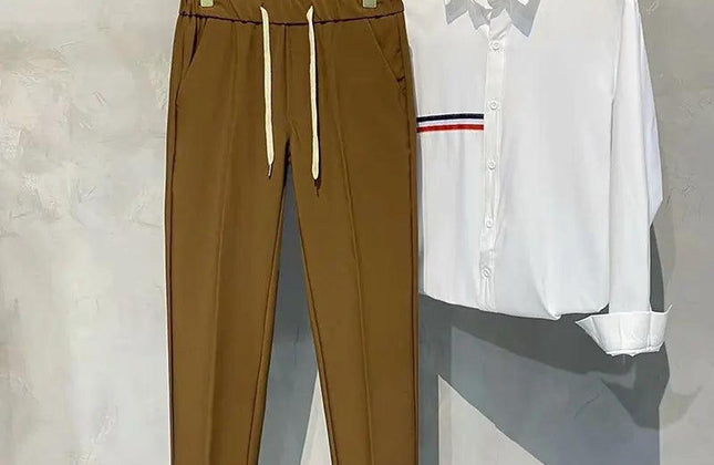 Khaki Drawstring Elastic Waist Men's Suit Pants Business Casual Fashion Drape - Constantin & Crys