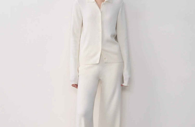 Ensemble cardigan col roulé et pantalon tricot coupe droite en laine mérinos Yangtsé