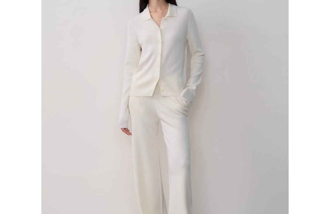 Ensemble cardigan col roulé et pantalon tricot coupe droite en laine mérinos Yangtsé