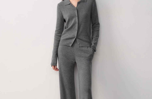 Ensemble cardigan col roulé et pantalon tricot coupe droite en laine mérinos Yangtsé