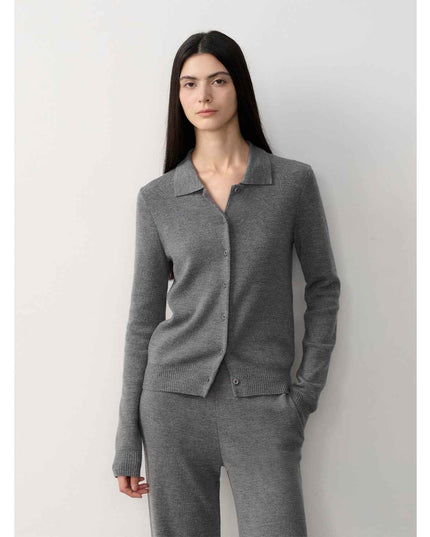 Yangtze Merino Wool Polo-Neck Cardigan & Straight-Leg Knit Trousers Set