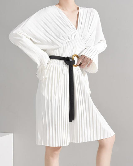 Sakiya Pleated Long Sleeve Shirt Dress in White