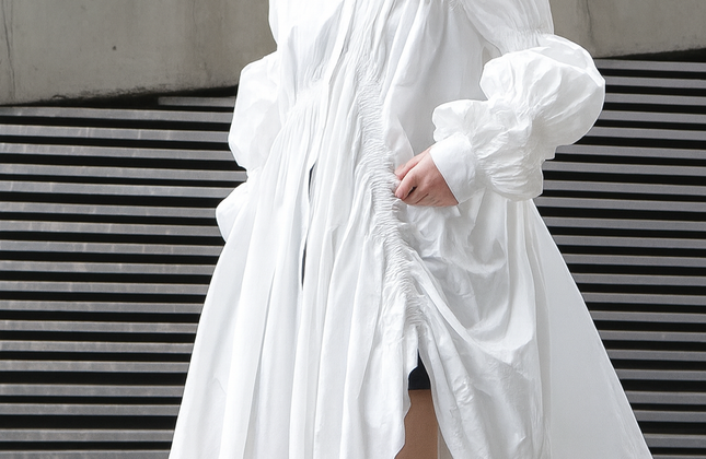 Women's Long Sleeve Pleated Shirt Dress — White | Hotaru