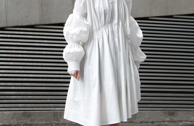 Women's Long Sleeve Pleated Shirt Dress — White | Hotaru
