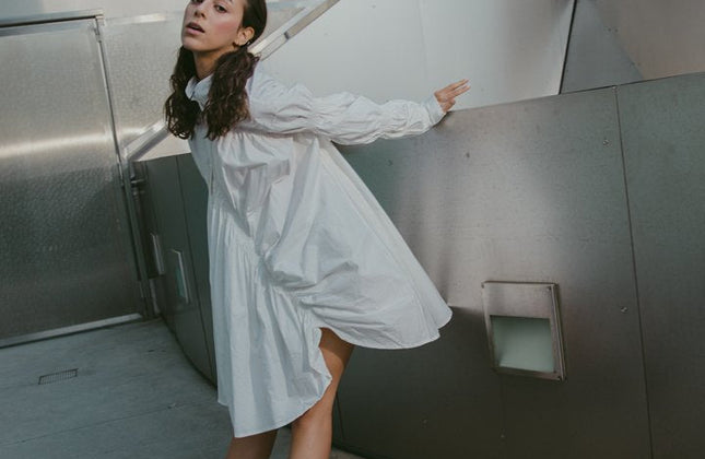 Women's Long Sleeve Pleated Shirt Dress — White | Hotaru