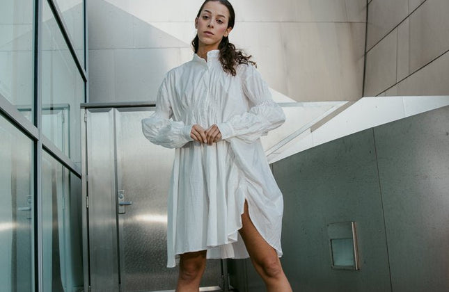 Women's Long Sleeve Pleated Shirt Dress — White | Hotaru