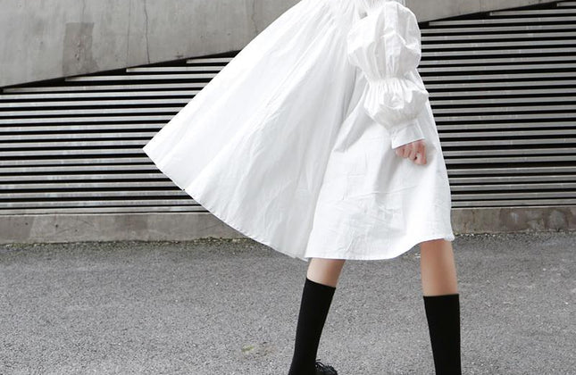 Women's Long Sleeve Pleated Shirt Dress — White | Hotaru