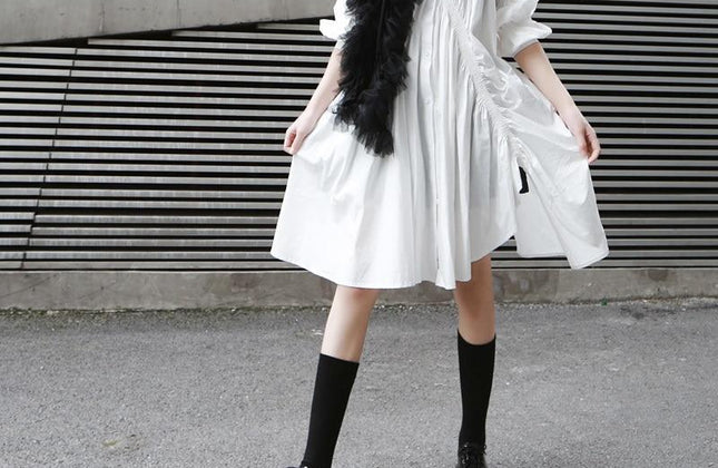 Women's Long Sleeve Pleated Shirt Dress — White | Hotaru