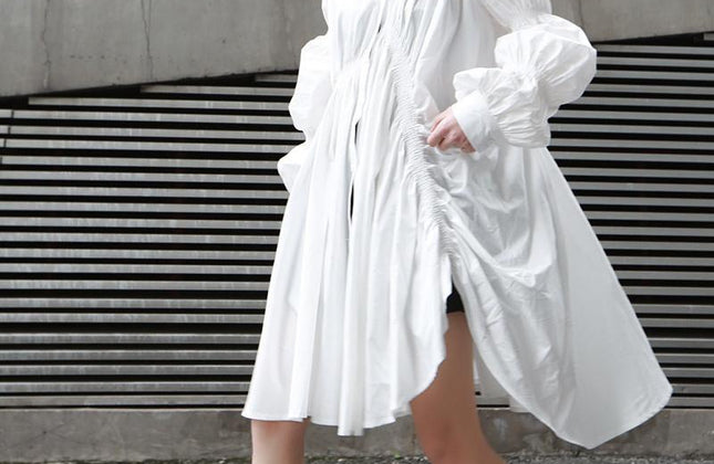 Women's Long Sleeve Pleated Shirt Dress — White | Hotaru