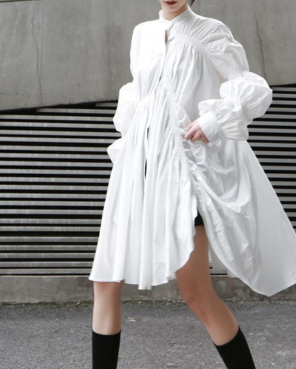 Women's Long Sleeve Pleated Shirt Dress — White | Hotaru