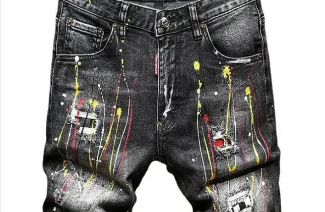 Men Summer Blue Shorts Jeans Holes Denim Shorts Paint Casual Streetwear Jeasn - Constantin & Crys