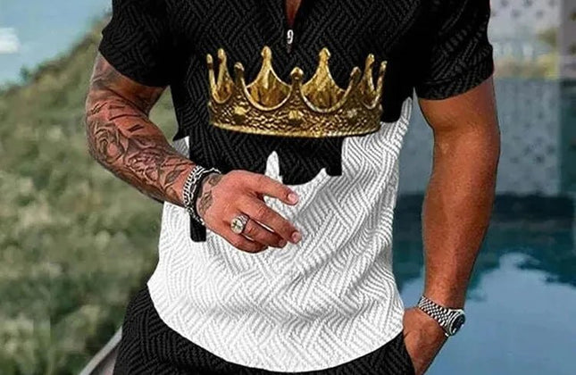Summer Men's Gold Series 3D Printed short - sleeved Zipper Polo Shirt + Shorts Set Men's Fashionable Casual Streetwear Set - Constantin & Crys