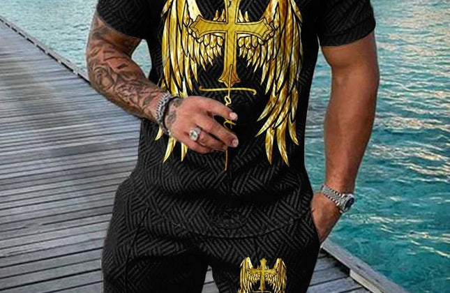 Summer Men's Gold Series 3D Printed short - sleeved Zipper Polo Shirt + Shorts Set Men's Fashionable Casual Streetwear Set - Constantin & Crys