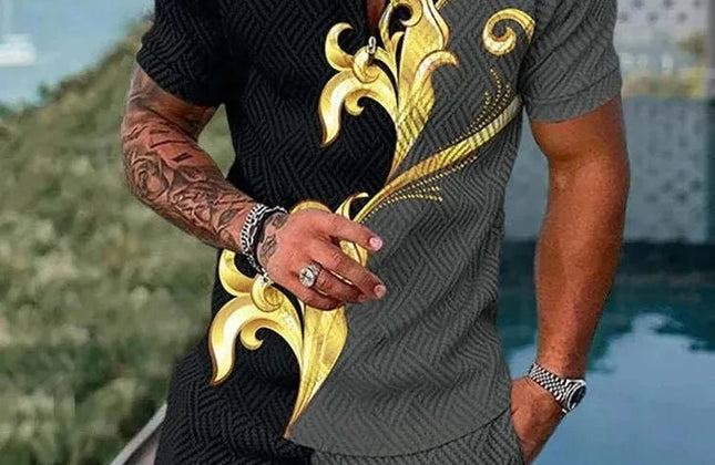 Summer Men's Gold Series 3D Printed short - sleeved Zipper Polo Shirt + Shorts Set Men's Fashionable Casual Streetwear Set - Constantin & Crys