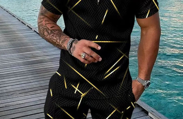 Summer Men's Gold Series 3D Printed short - sleeved Zipper Polo Shirt + Shorts Set Men's Fashionable Casual Streetwear Set - Constantin & Crys