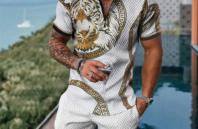 Summer Men's Gold Series 3D Printed short - sleeved Zipper Polo Shirt + Shorts Set Men's Fashionable Casual Streetwear Set - Constantin & Crys