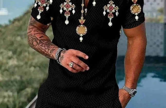 Summer Men's Gold Series 3D Printed short - sleeved Zipper Polo Shirt + Shorts Set Men's Fashionable Casual Streetwear Set - Constantin & Crys