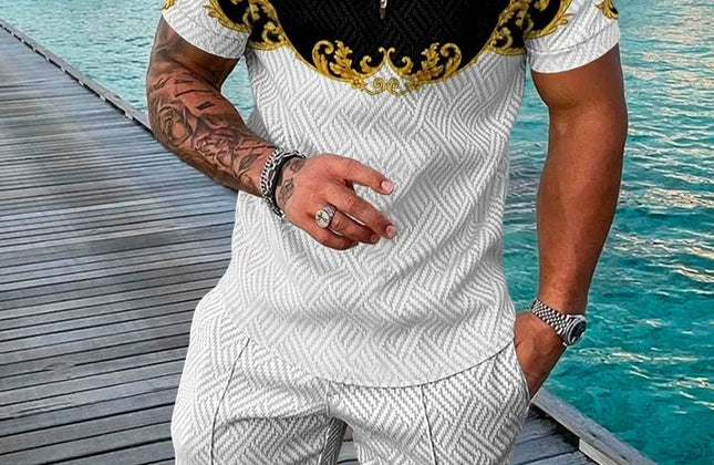 Summer Men's Gold Series 3D Printed short - sleeved Zipper Polo Shirt + Shorts Set Men's Fashionable Casual Streetwear Set - Constantin & Crys