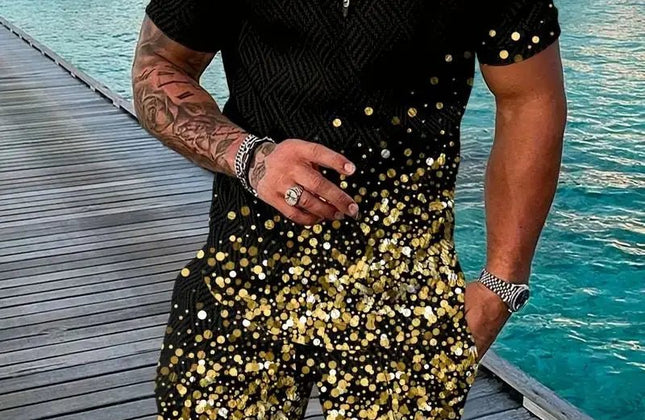 Summer Men's Gold Series 3D Printed short - sleeved Zipper Polo Shirt + Shorts Set Men's Fashionable Casual Streetwear Set - Constantin & Crys