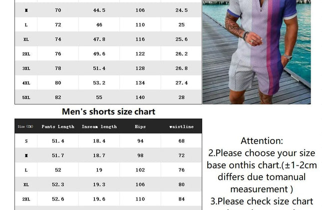 Summer Men's Gold Series 3D Printed short - sleeved Zipper Polo Shirt + Shorts Set Men's Fashionable Casual Streetwear Set - Constantin & Crys