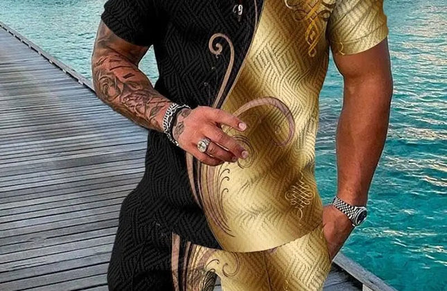 Summer Men's Gold Series 3D Printed short - sleeved Zipper Polo Shirt + Shorts Set Men's Fashionable Casual Streetwear Set - Constantin & Crys
