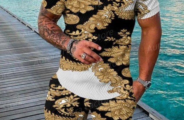 Summer Men's Gold Series 3D Printed short - sleeved Zipper Polo Shirt + Shorts Set Men's Fashionable Casual Streetwear Set - Constantin & Crys