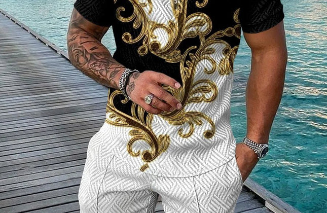 Summer Men's Gold Series 3D Printed short - sleeved Zipper Polo Shirt + Shorts Set Men's Fashionable Casual Streetwear Set - Constantin & Crys