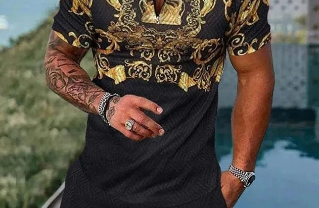 Summer Men's Gold Series 3D Printed short - sleeved Zipper Polo Shirt + Shorts Set Men's Fashionable Casual Streetwear Set - Constantin & Crys