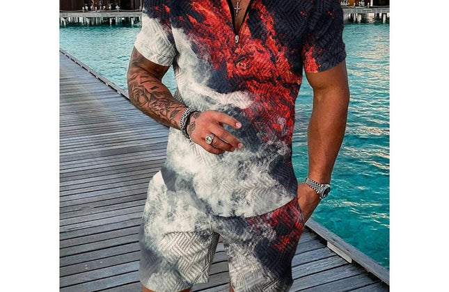 Summer Popular Printed men's Polo Shirt set, Casual Zipper Lapel short - sleeved Shirt + Shorts 2 - piece Set With Colorful Patterns - Constantin & Crys